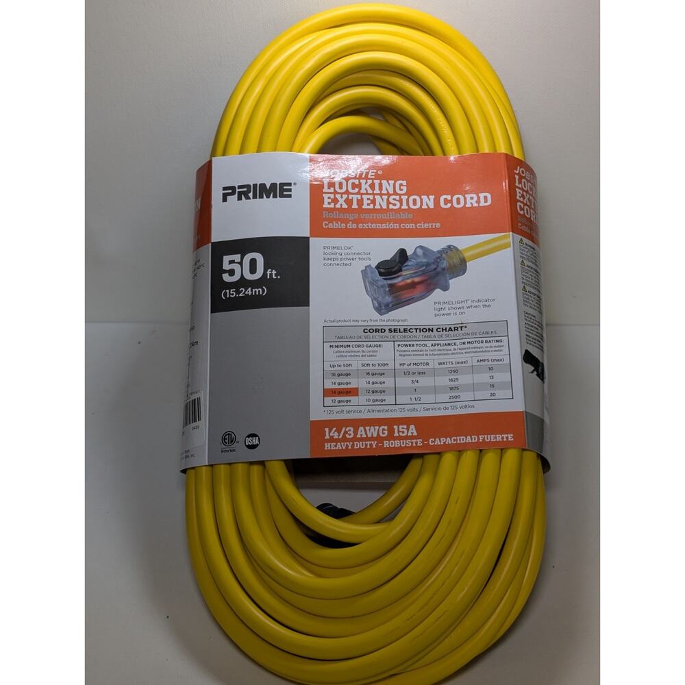 Prime Jobsite 50 Ft 14/3 SJTW Locking Extension Cord Yellow 15A New